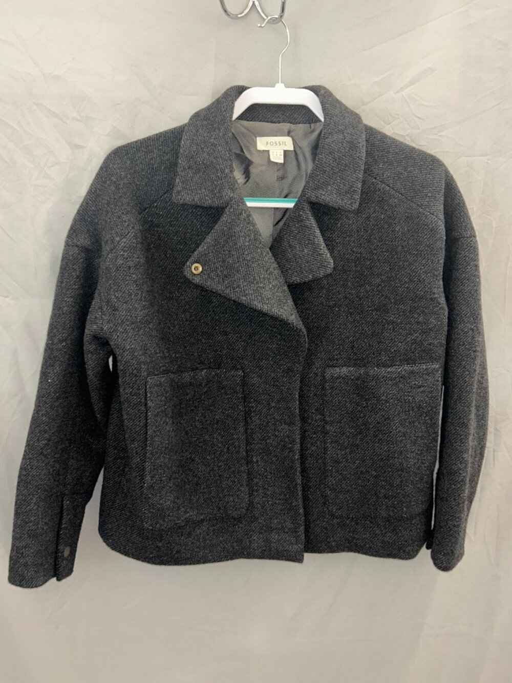 Fossil Women's Gray Wool Blend Jacket Blazer Size 4 Bomber-Peacoat Style Lined